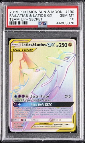 2019 POKEMON SUN & MOON TEAM UP SECRET #190 FULL ART/LATIAS & LATIOS GX PSA 10