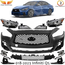 Front Bumper Cover Paintable & Headlight Assembly Kit For 2018-2023 Infiniti Q50
