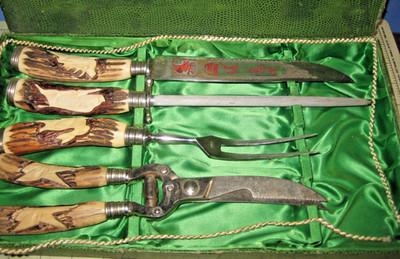 Vintage Baron Solingen Germany 4 pc Carving Knife Set, Stag Horn & original box