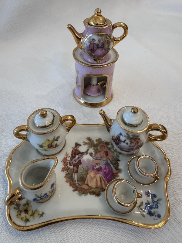 Vintage Limoges (France) Miniature Porcelain Full Tea Set Plus Warmer w/Candle