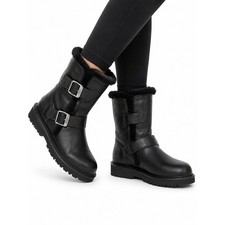 UGG Vintage Larkspur Black Leather Shearling Buckle Boots Women's Size 6
