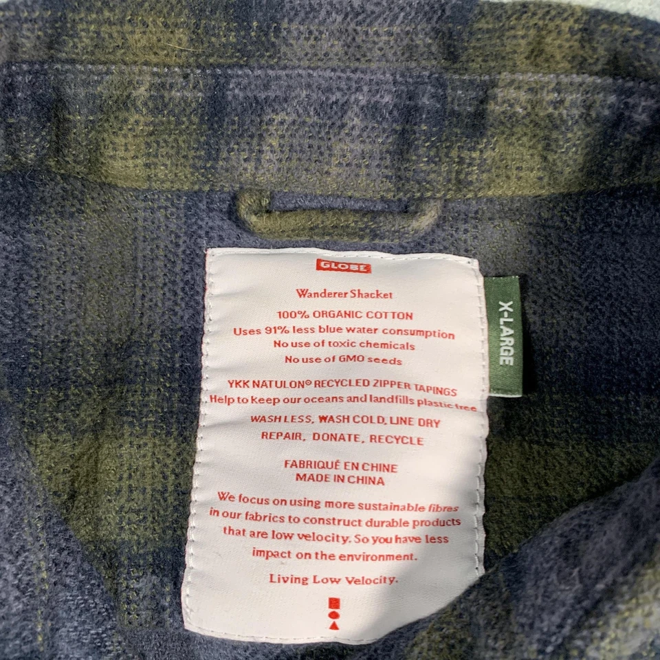 Globe Wanderer Shacket Shirt Mens XL Blue Green Plaid Organic Cotton Button Up - Image 4 of 4