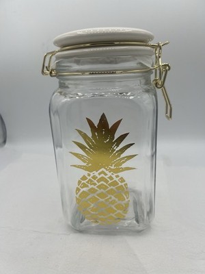 Gold Foil Pineapple Clear Glass Canister Jar 8'' tall~White CeramicLid Decor  X17