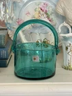 Vintage Blenko Turquoise Green Round Glass Basket W/ Label 6” Tall Hand Blown