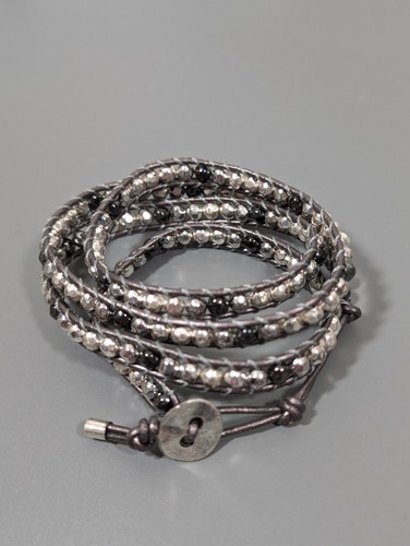 Boho Tribal Silver Tone Gray Leather Cord Wrap Bracelet 30 in - Picture 2 of 6