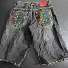 Coogi Denim Shorts Boys 18 Black Rainbow Embroidery Vintage Hip Hop Streetwear