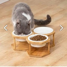 Elevated Bowls Bamboo Stand Pet Feeding Station Raised Ceramic Food Water Bowl