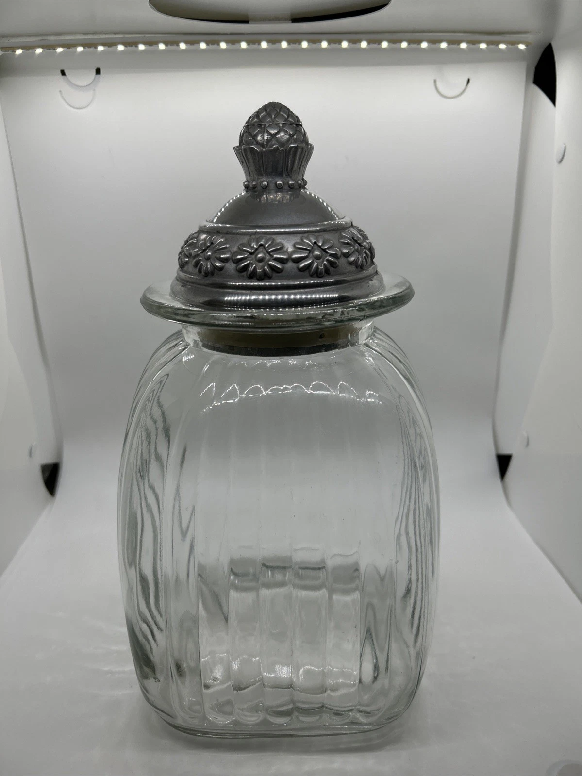 Vintage Artland Clear Glass Ribbed 12.5” Canister W/ Metal Or Pewter Lid