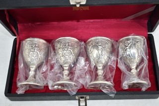 (4) Vintage Japanese Silver Plated Goblets With Embossed Cherub Design In Red Ve