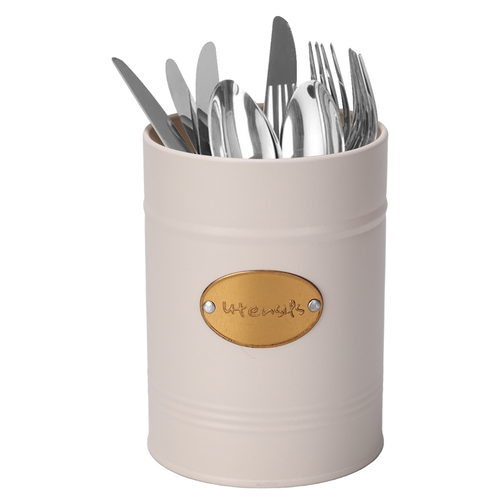 Utensil Holder Cream Tin Kitchen Storage Caddy Round Canister Jar Cutlery Metal - Picture 2 of 7