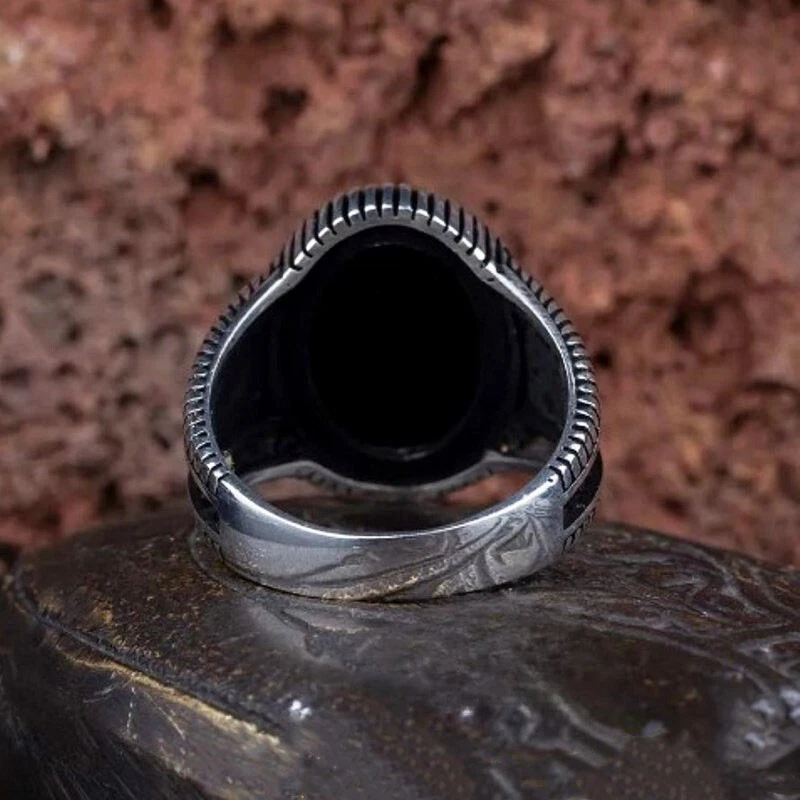 925 Argento Sterling Fatto a Mano Uomo Ossidato Anello Naturale Onice Nera Gemma - Immagine 4 di 4