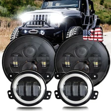 7" Halo LED Headlights Hi-Lo Beam + 4" Fog Lamps For Jeep Wrangler JK 97-2018 4x