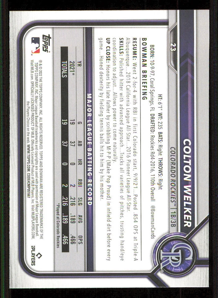 2022 Bowman #23 Colton Welker RC - Image 2 of 2