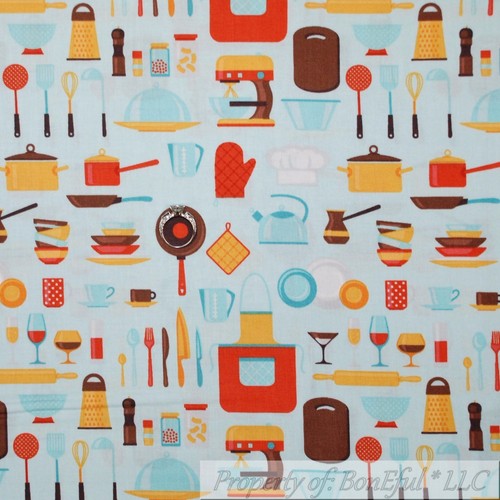 BonEful FABRIC FQ Cotton Quilt Blue Retro Kitchen Pyrex Cook Bake Chef Hat Tool - Picture 6 of 12