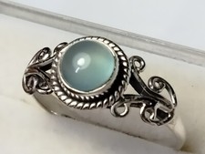 SEA BLUE CHALCEDONY IN TRENDY FILIGREE  HALO SET STL. SILVER.925 RING SIZE 8.25