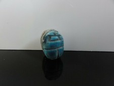 VTG BEAUTIFUL BLUE TURQUOISE GLAZED FAIENCE SCARAB EGYPTIAN REVIVAL BEAD K2