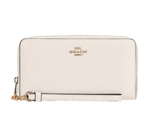 Coach - Beige/Gold/White Long Zip Around Phone Wallet - Chalk Pebbled Leather