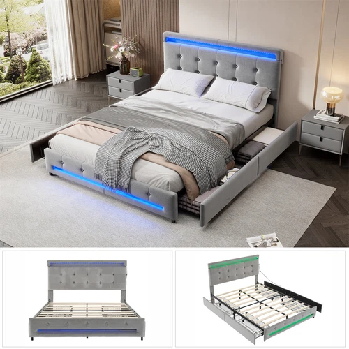Upholstered 4FT6 Double Bed Frame with 4 Drawers LED Light Strips Velvet Fabric - Picture 5 of 15