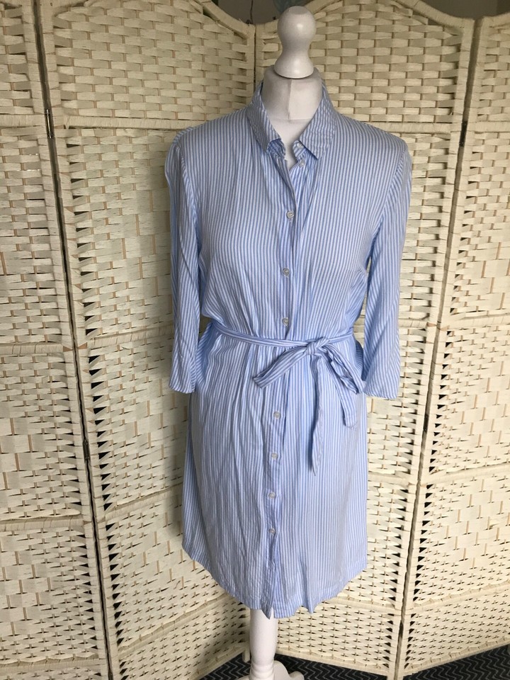 Size 38 10 12 H&M Light Blue White Striped TieBelt Shirt Dress Beach