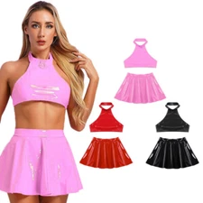 Women 2 Piece Party Outfits PVC Leather Crop Top And Miniskirt Shiny Clubwear