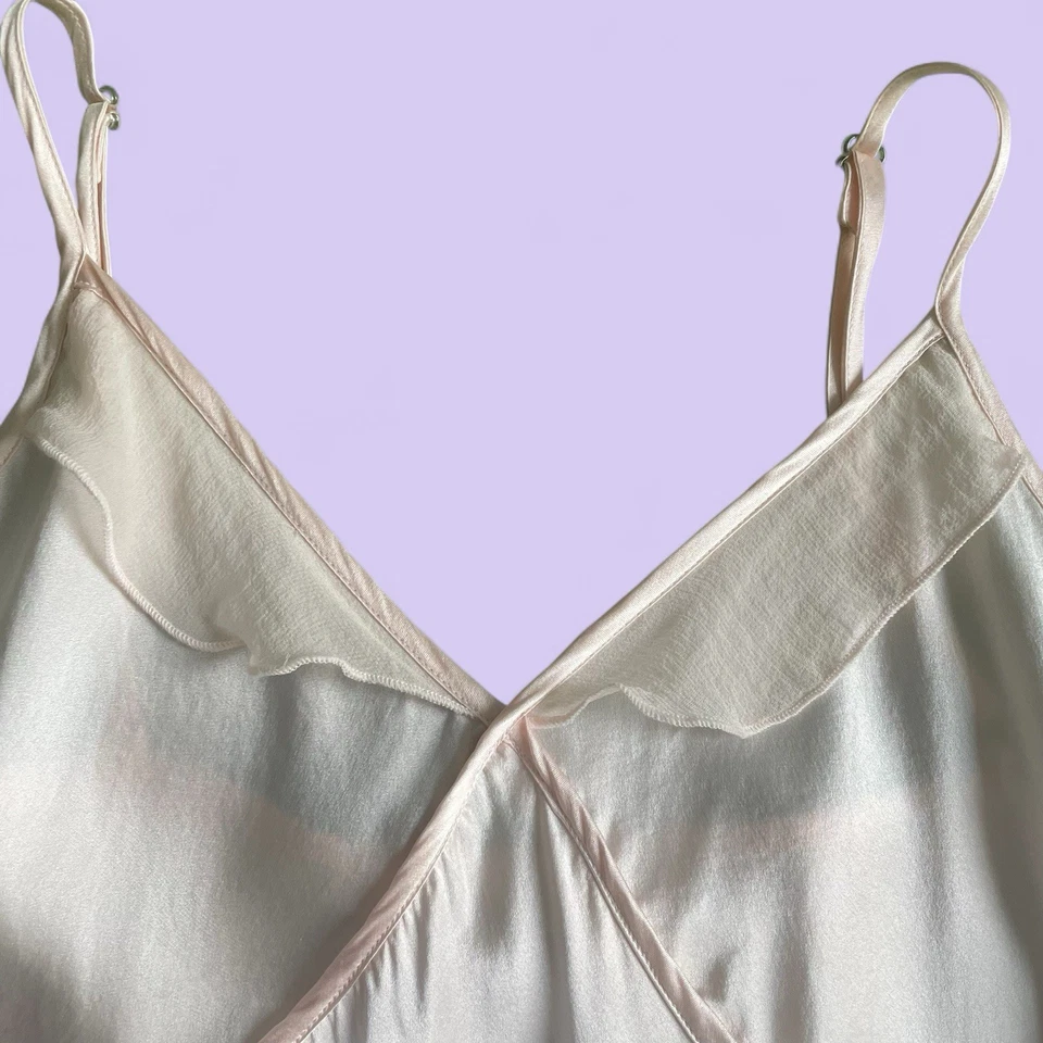 Vestido sin tirantes vintage 100 % seda rosa pálido con volantes correas ajustables talla grande Foto 2 de 4