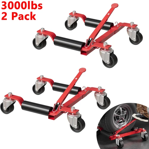 3000lbs Car Wheel Dolly Jack, 12" Wheel, Ratchet Foot Pedal, 2-Piece Set Red