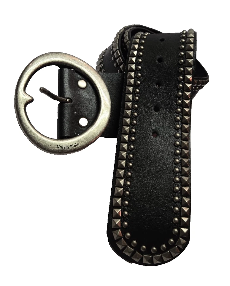 VINTAGE CALVIN KLEIN BELT BLACK LEATHER STUDDED Women Y2K Chunky - Image 2 of 4