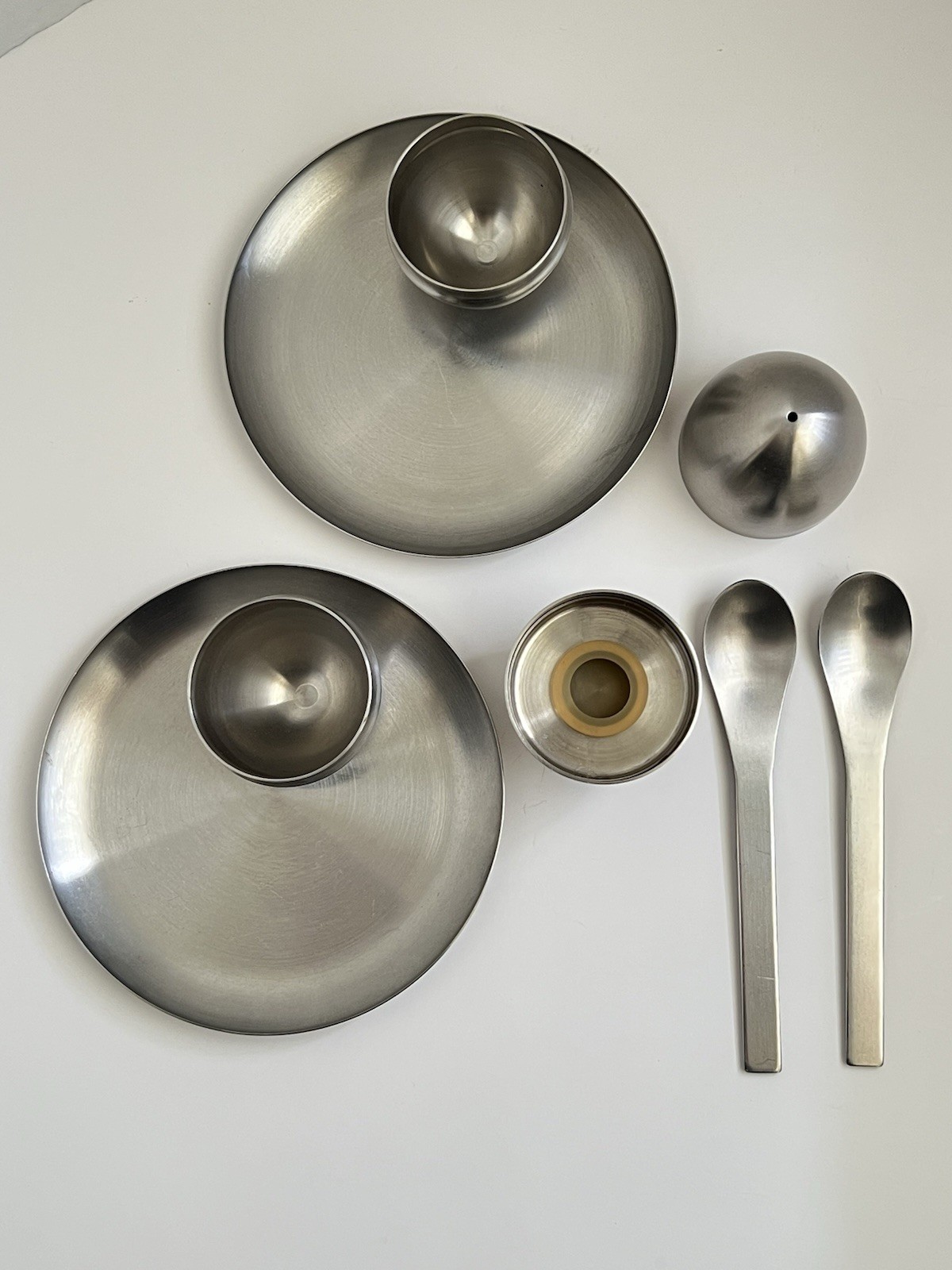 2 Modernist Mcm Stainless Steel Egg Cups W/ Built In Salt And Pepper And Spoons