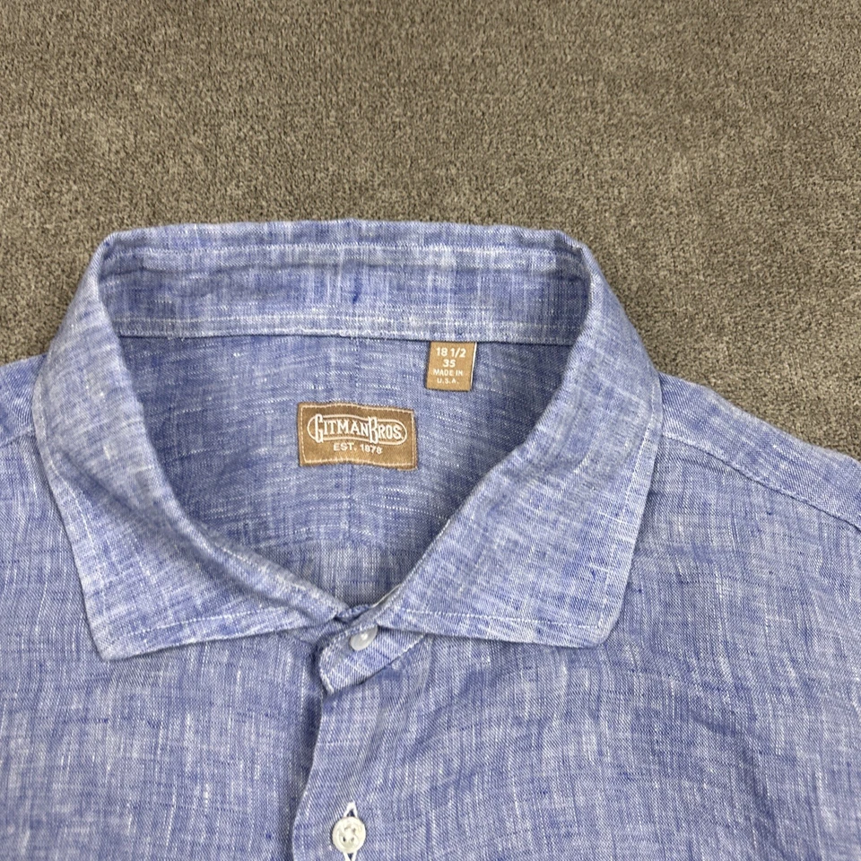 Camisa Gitman Bros Para Hombre 18.5/35 (3XL) Azul Lino Abotonada Manga Larga Hecha en EE. UU. Foto 3 de 4