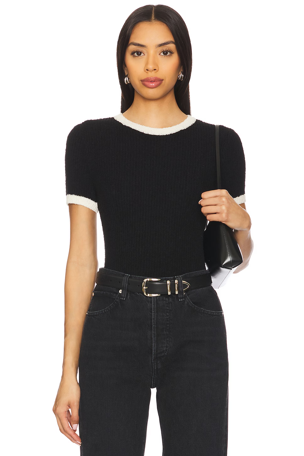 Robertson & Rodeo S Women Black White Trim Short Sleeve Top Small Ribbed Knit