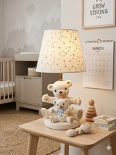 Vintage Teddy Bear Lamp With Night Light Momma Baby Ceramic 80s Nursery Room 9"