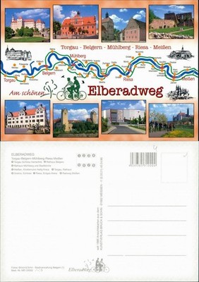 Ansichtskarte  Elbe-Radweg rund um Riesa, Fluss-Verlauf, Radfahrerkarte 2000