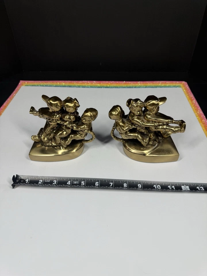 Sujetalibros de latón vintage PM Craftsman tira y afloja niños tiran juntos EE. UU. 5 pulgadas Foto 3 de 4