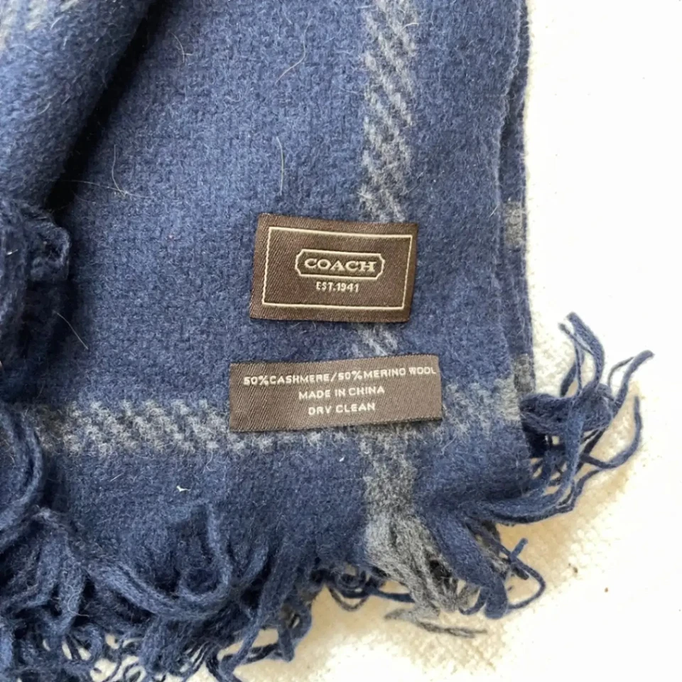 Bufanda Coach a Cuadros Azul Cachemira Lana Merino Flecos Suave Accesorio de Lujo Foto 2 de 3