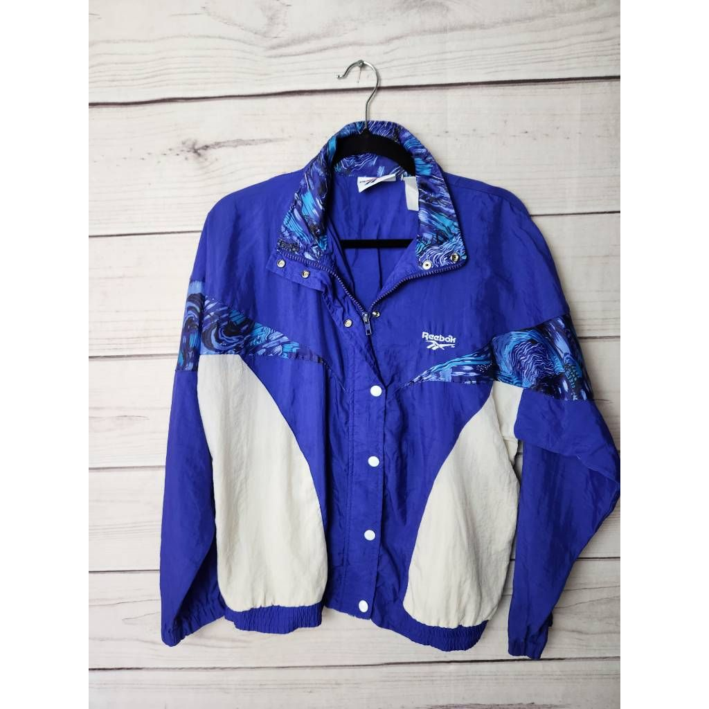 Reebok Mens Windbreaker Jacket Blue White Color Block Vented Mock Neck M