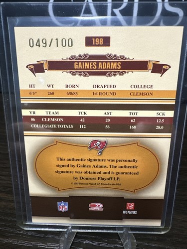2007 Donruss Classics Significant Signatures Gold Gaines Adams AU RC #198 /100 - Picture 3 of 3
