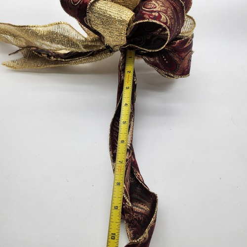 Large Christmas/Holiday Bow - Handmade - Tie On - Burgundy Paisley & Gold -Photo - Picture 5 of 5
