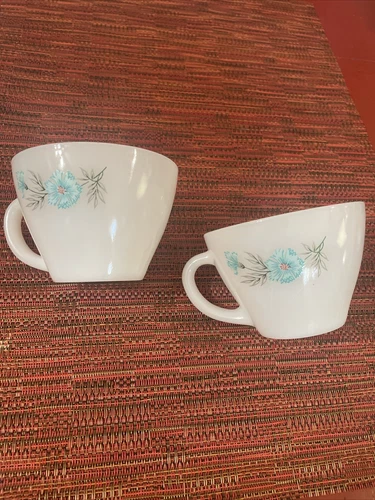 2 Vintage Fire King Oven Ware Bonnie Blue Carnation Flower Coffee Tea Cups