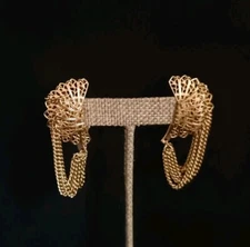 Cuff Chain Vintage Earrings Gold Tone Clip On Unsigned Filigree Fine Work
