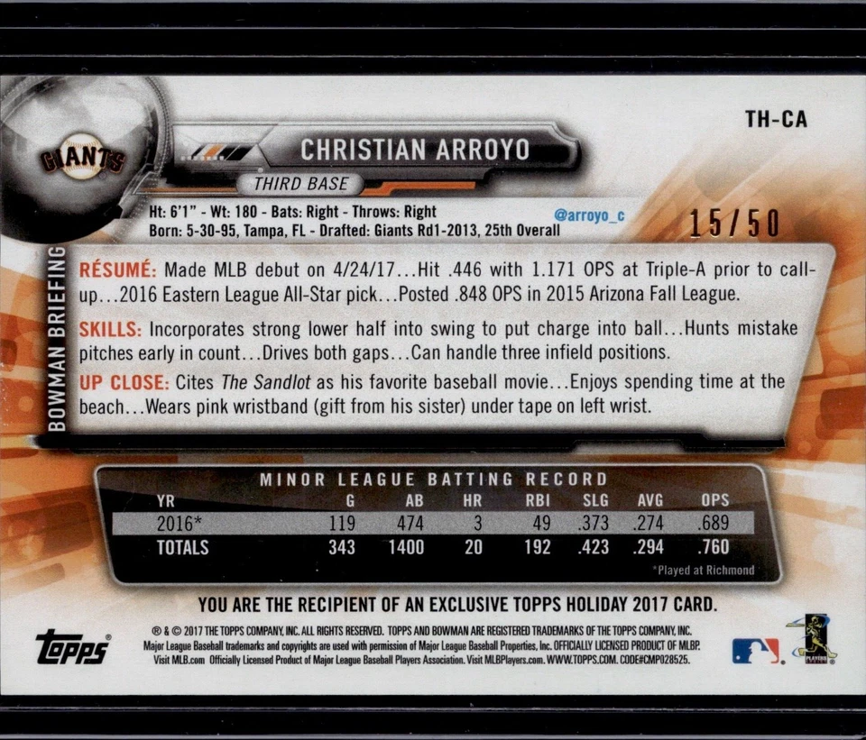 2017 Topps Holiday Bowman Christian Arroyo Blue Parallel Rookie Card 15/50 - Image 2 of 2