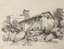 Casa Meridionale Francia Verso 1860 Carboncino Firmato Davin (Ferdinand) Francia