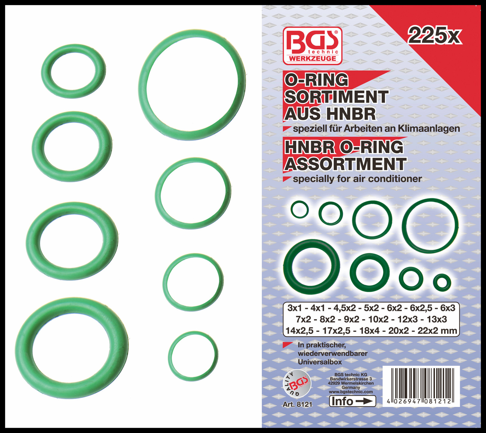 BGS - HNBR O Ring Assortment For Air Con Pipes Etc - Ø 3-22 mm - 8121