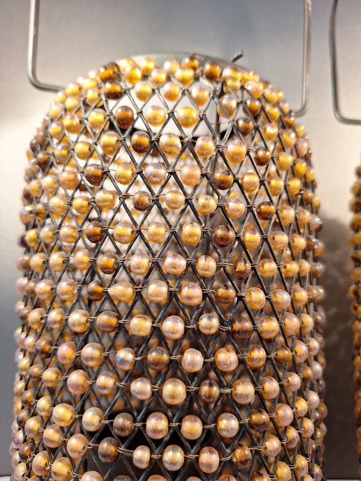 Metal Beaded Candle Lantern Pair Gold Bronze Beads 11" T 6" Handle Boho READ - Image 2 of 4