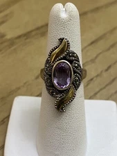 Boma Designer Sterling Silver Marcasite Amethyst Two Tone Wide Ring 925 Sz 6.5