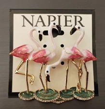 New Napier Gold Tone Flamingos with Simulated Crystals Pin
