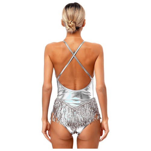 Women Sparkle Sequins Tassel Latin Jazz Dance Leotard Bodysuit Dancewear Costume - Picture 27 of 65