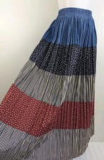 Vtg Crinkle Broomstick Maxi Skirt RWB Stars Stripes Patriotic Boho Cotton USA S