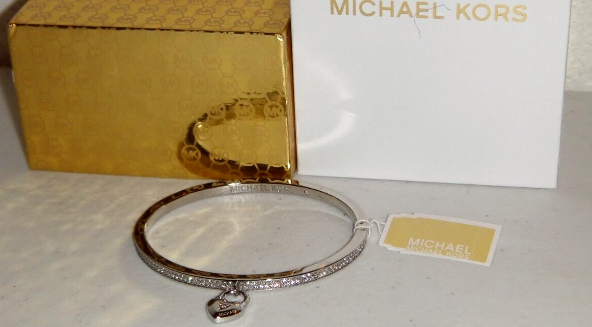Michael Kors Silver Bangle Bracelet Heart Padlock Charm Crystals MKJ7420040 BOX