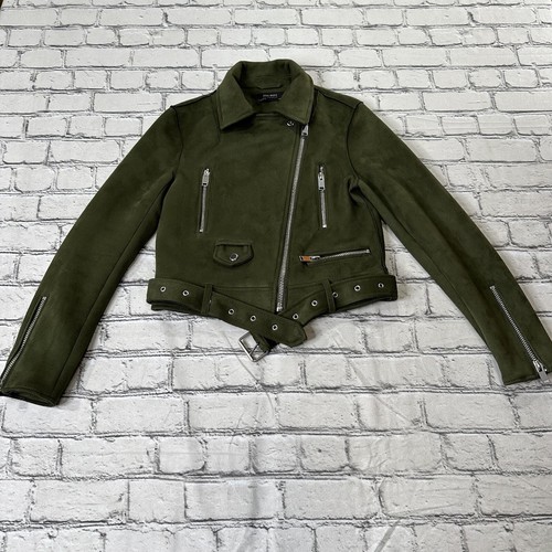 ZARA Outwear Olive Green Faux Suede Belted Moto Biker Jacket Women's Size XS EUC - 第 1/7 張圖片