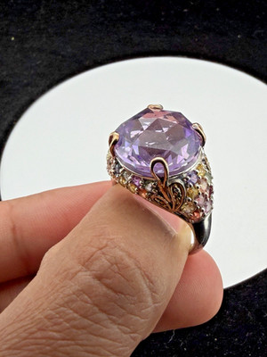925 Sterling Silber Ring großer Amethyst und mehrfarbiger Edelstein Größe 10